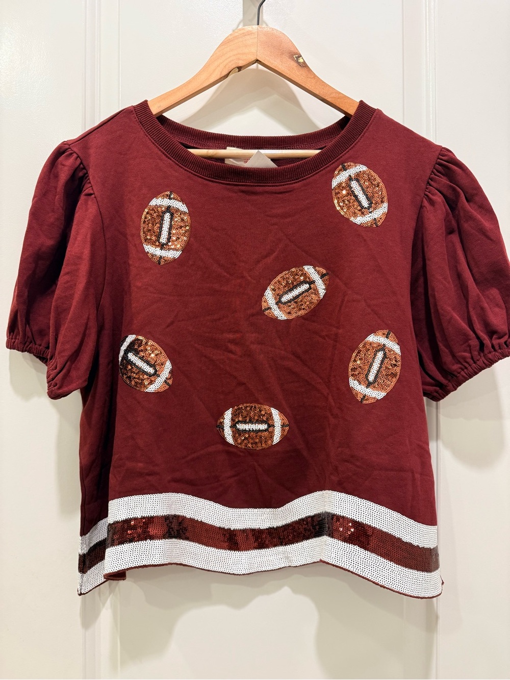 Peach Love California Maroon Puff-Sleeve Sequin Football Tee - Picture 4 of 11